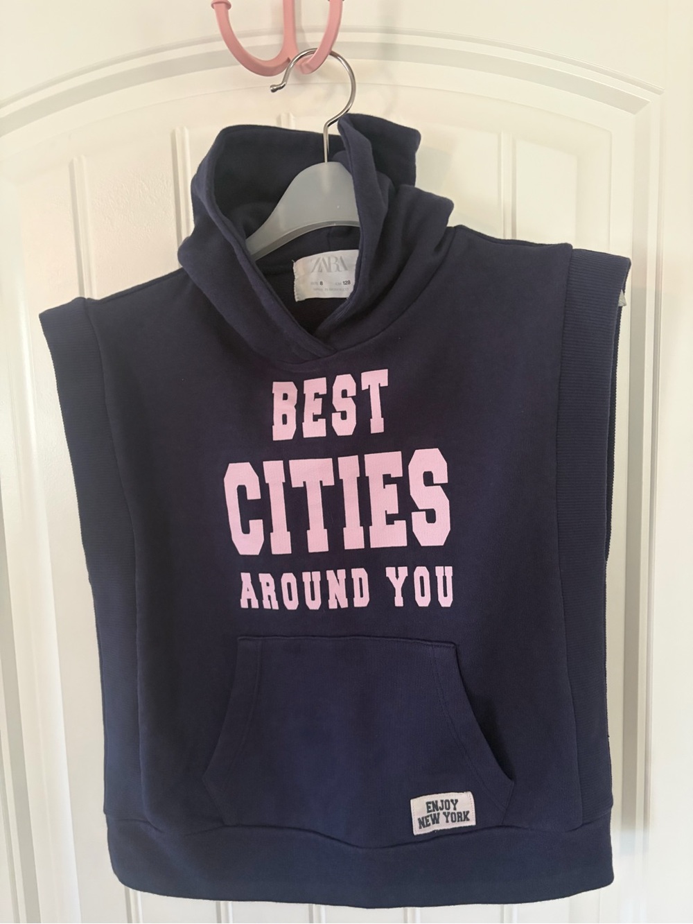 ZARA Navy Sleeveless Hoodie with Pink 'Best Cities' Print